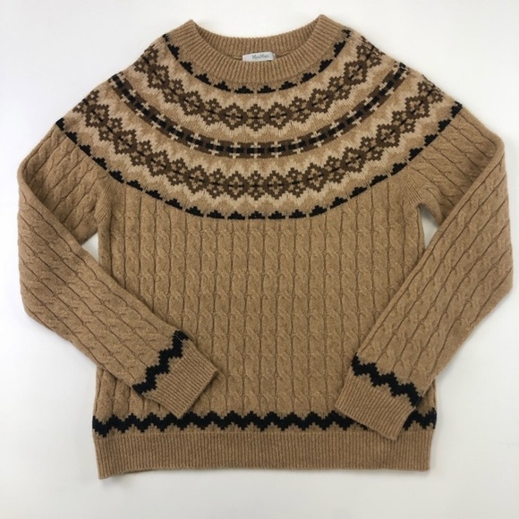 MaxMara tan cable knit fairisle crew neck pullover Large - Picture 5 of 10